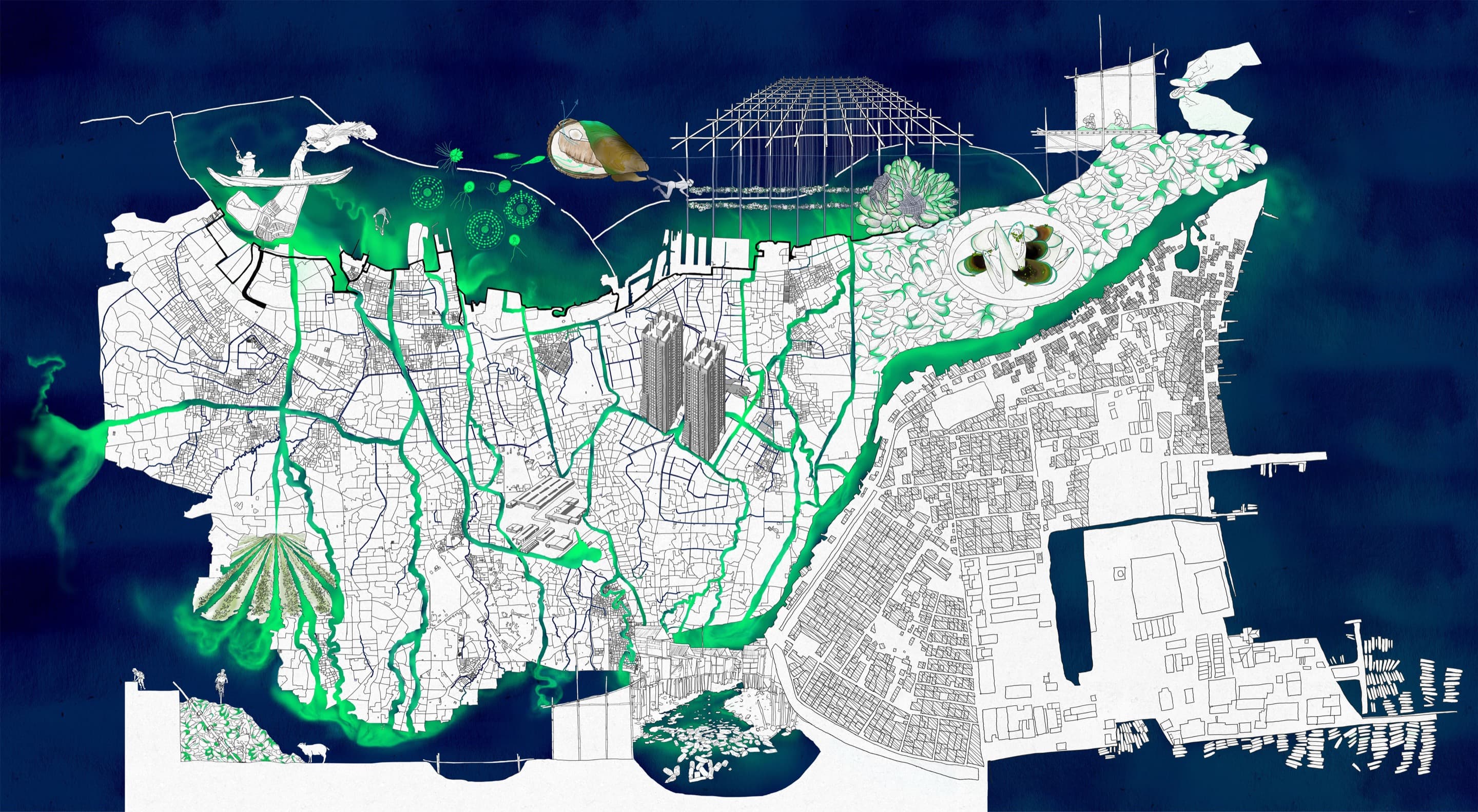 Illustration of Jakarta, Indonesia, showing the locations of toxic matter and entangled social and environmental injustices in the city's water bodies.