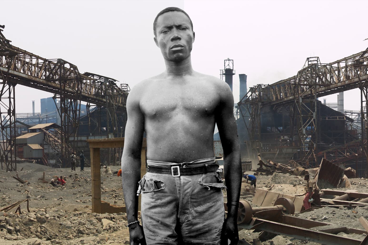 Collage from Sammy Baloji's Memoire Series 2006: a bare-chested man faces the camera, standing in front of a mine in the Katanga Region, Democratic Republic of the Congo.