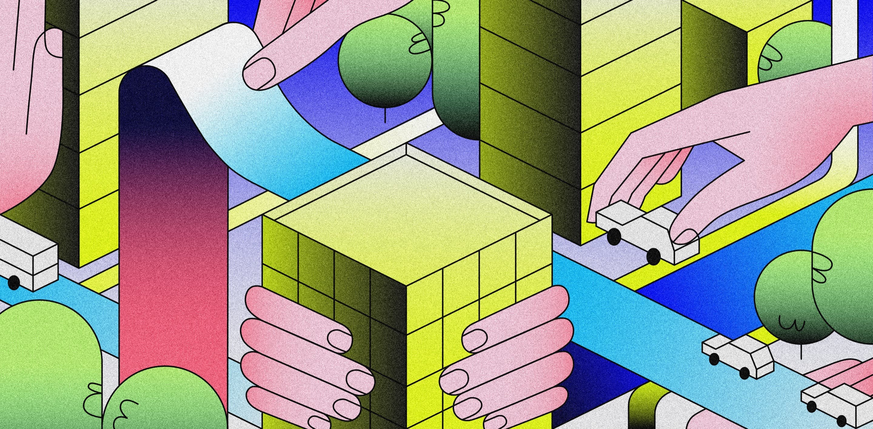 Restart Ukraine graphic. Illustration of multiple pairs of hands returning the elements of a city to their normal place.