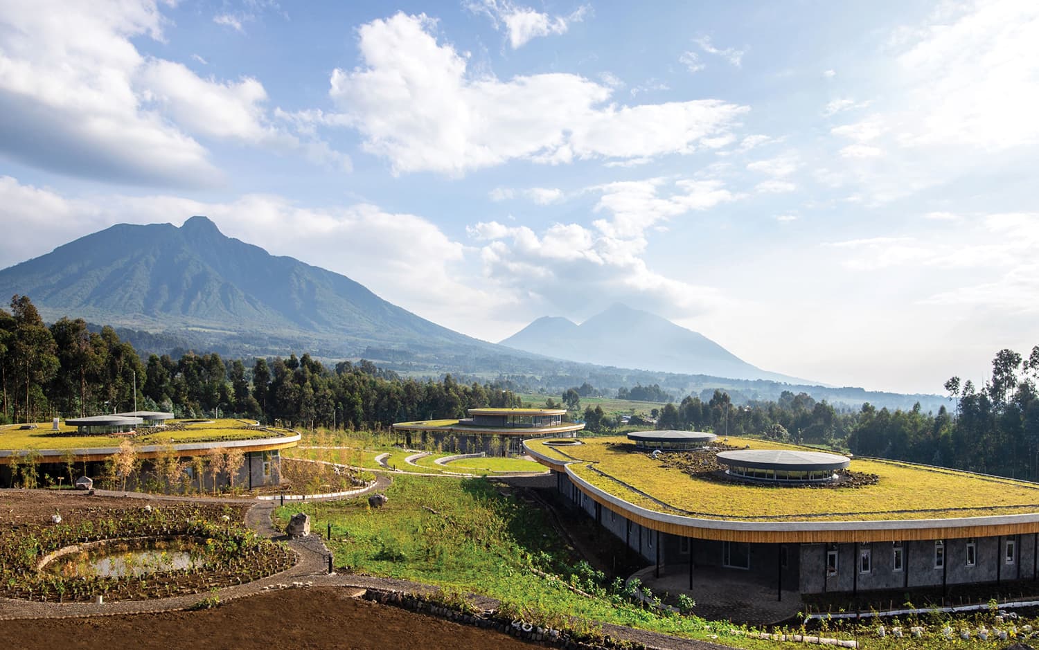 Aerial view of the Ellen Degeneres Diane Fossey Gorilla Fund campus in Rwanda. A cluster of buildings lie in a green landscape with mountains in the background.