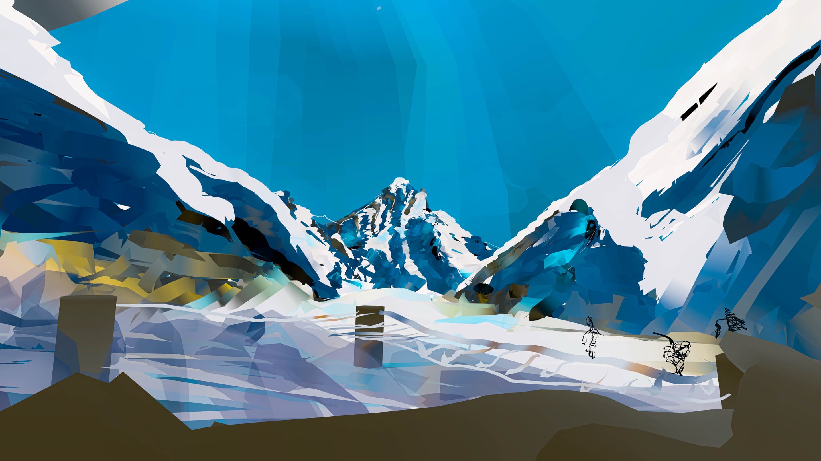 Illustration of a river flowing through a valley surrounded by mountains.