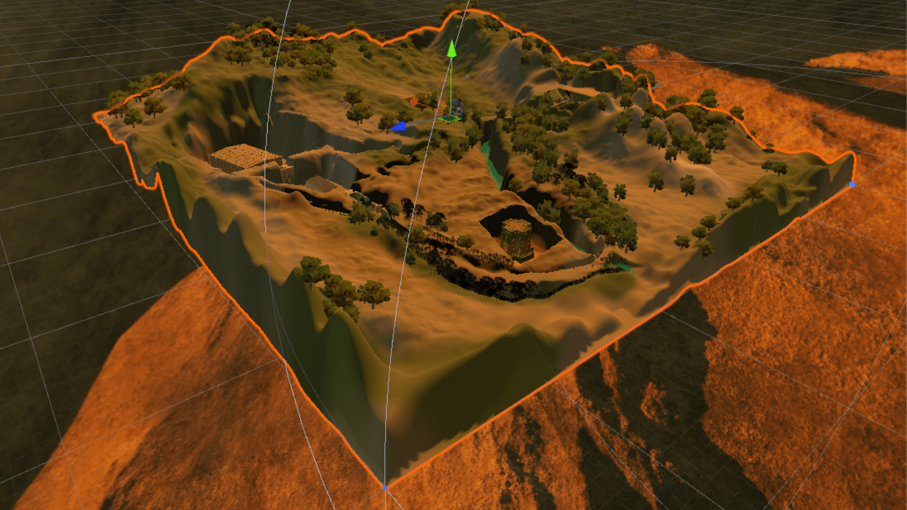 Render image of a square section of land floating above a red landscape.