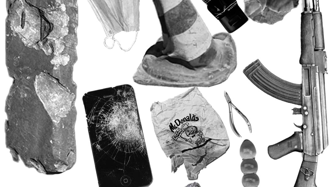 Collage of black and white images including a weather section of a concrete column, a medical mask, an iPhone with a shattered screen, a melted traffic cone, and a McDonald's bag from the 1950s.