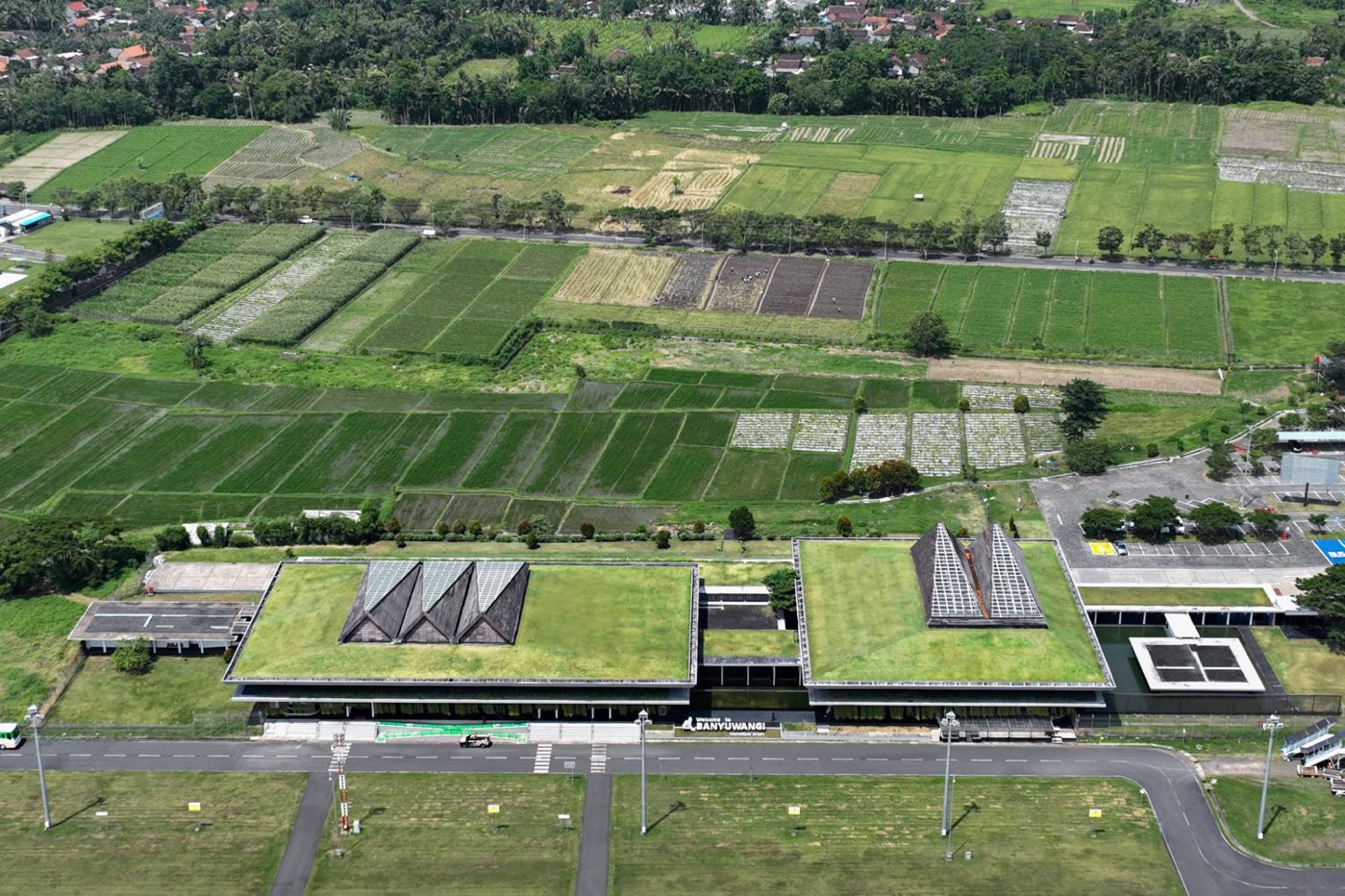 Banyuwangi Airport in East Java, Indonesia. The low-lying building has a green roof that blends into the surrounding fields.