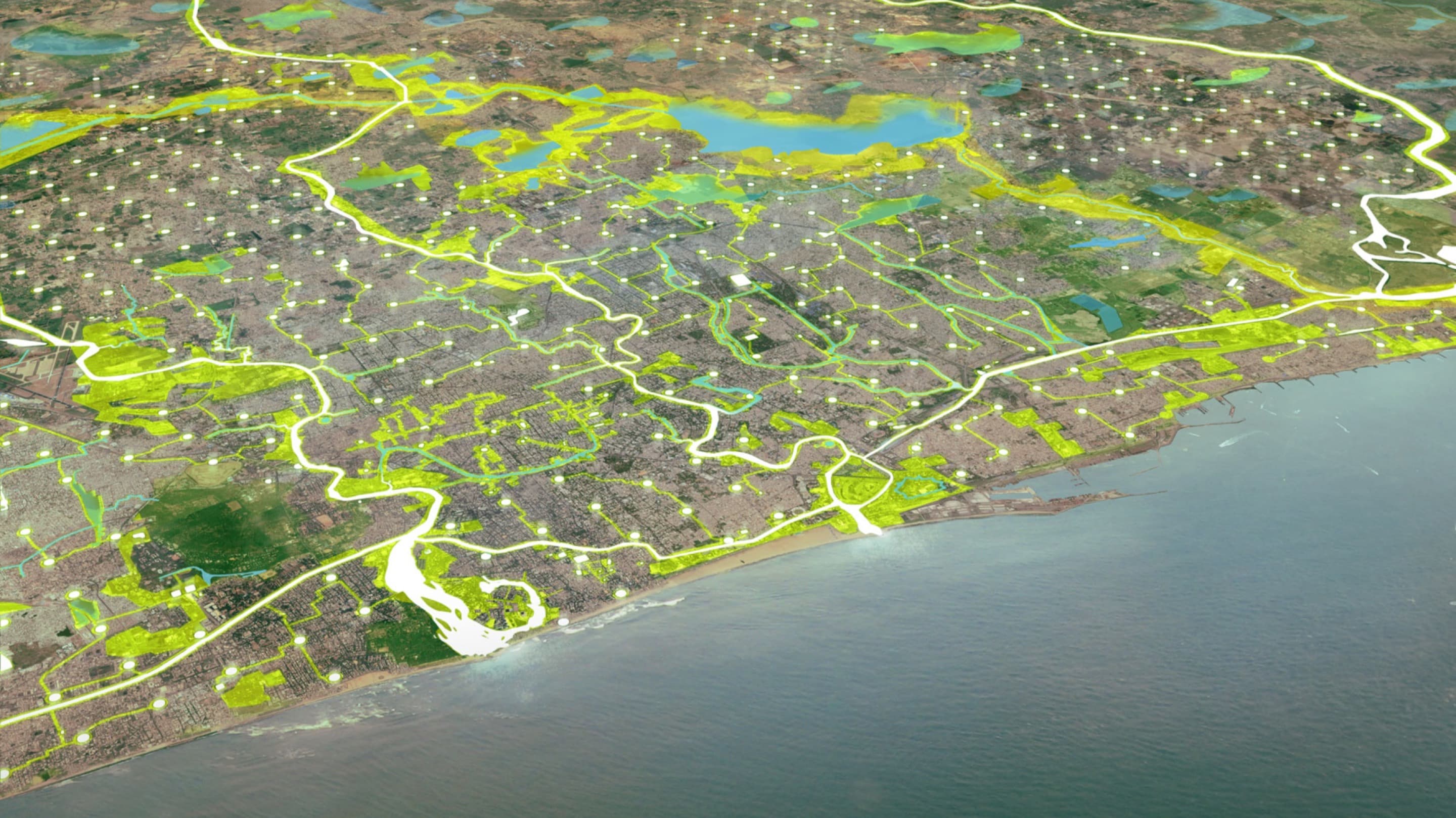 An aerial-view render image shows a network of distributed water tanks in the city of Chennai, India, highlighted in neon green.