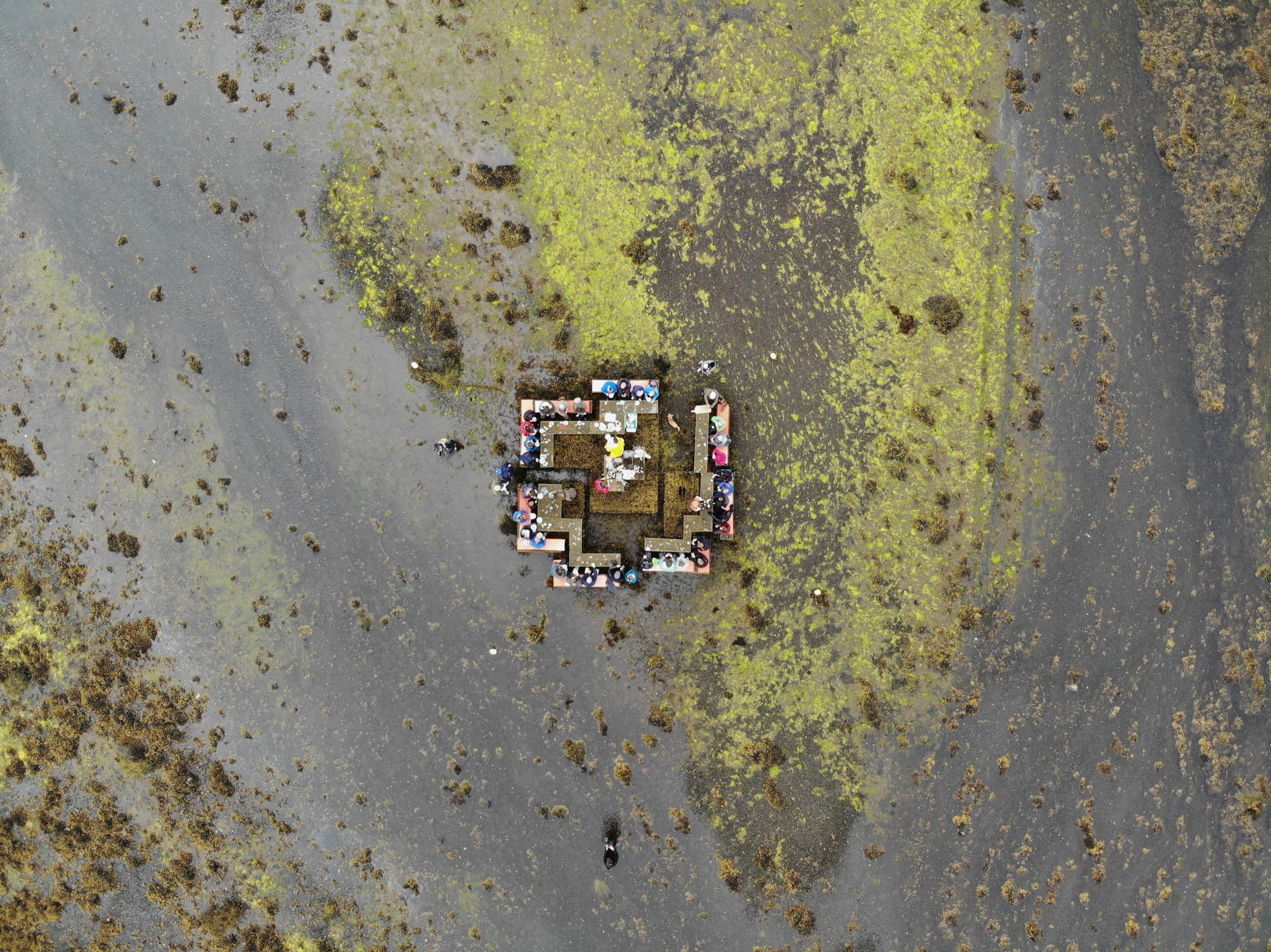 Aerial view of the CLIMAVORE intertidal table installation between the Isles of Skye and Raasay, Scotland.