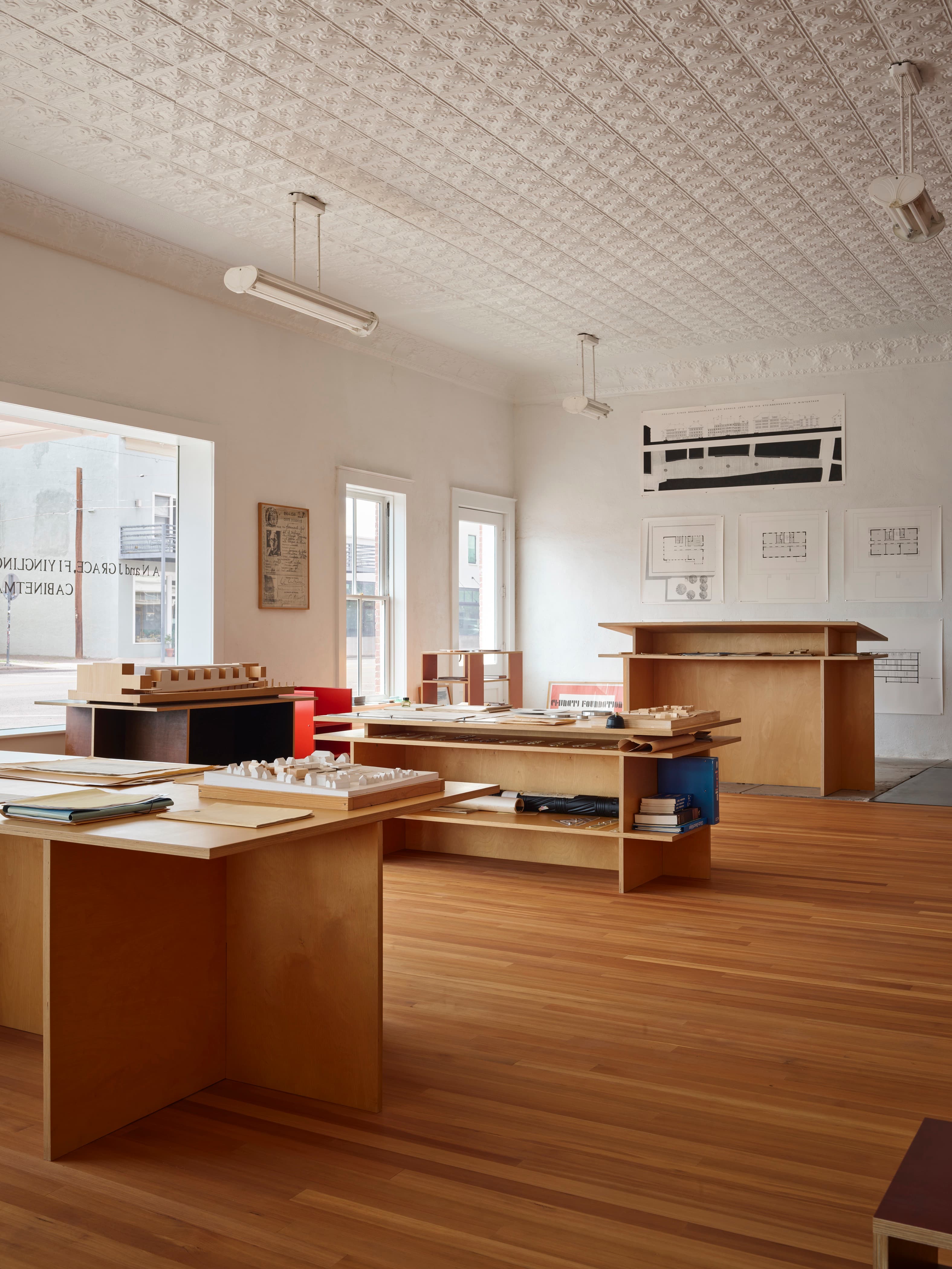 Architectural models and drawings by Donald Judd displayed on his tables at the Architecture Office, Marfa, Texas.