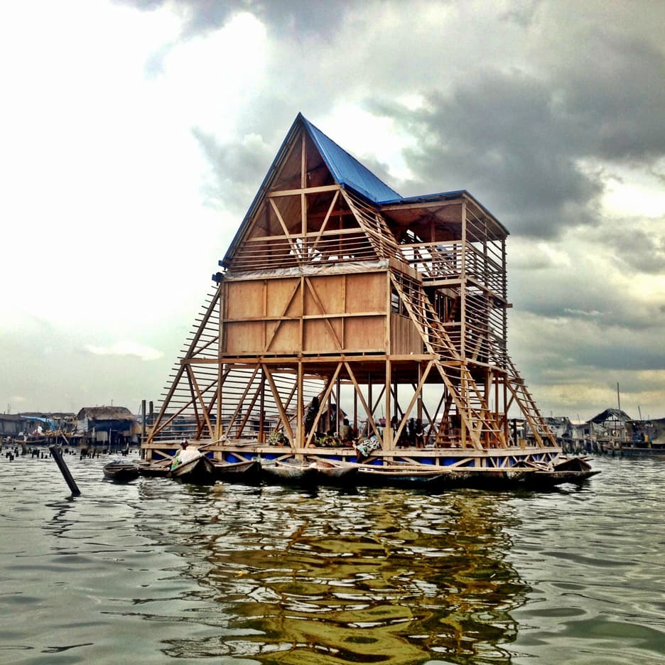 The Makoko Floating School on Lagos Lagoon. The two-tier wooden structure is composed of tessellating triangles.