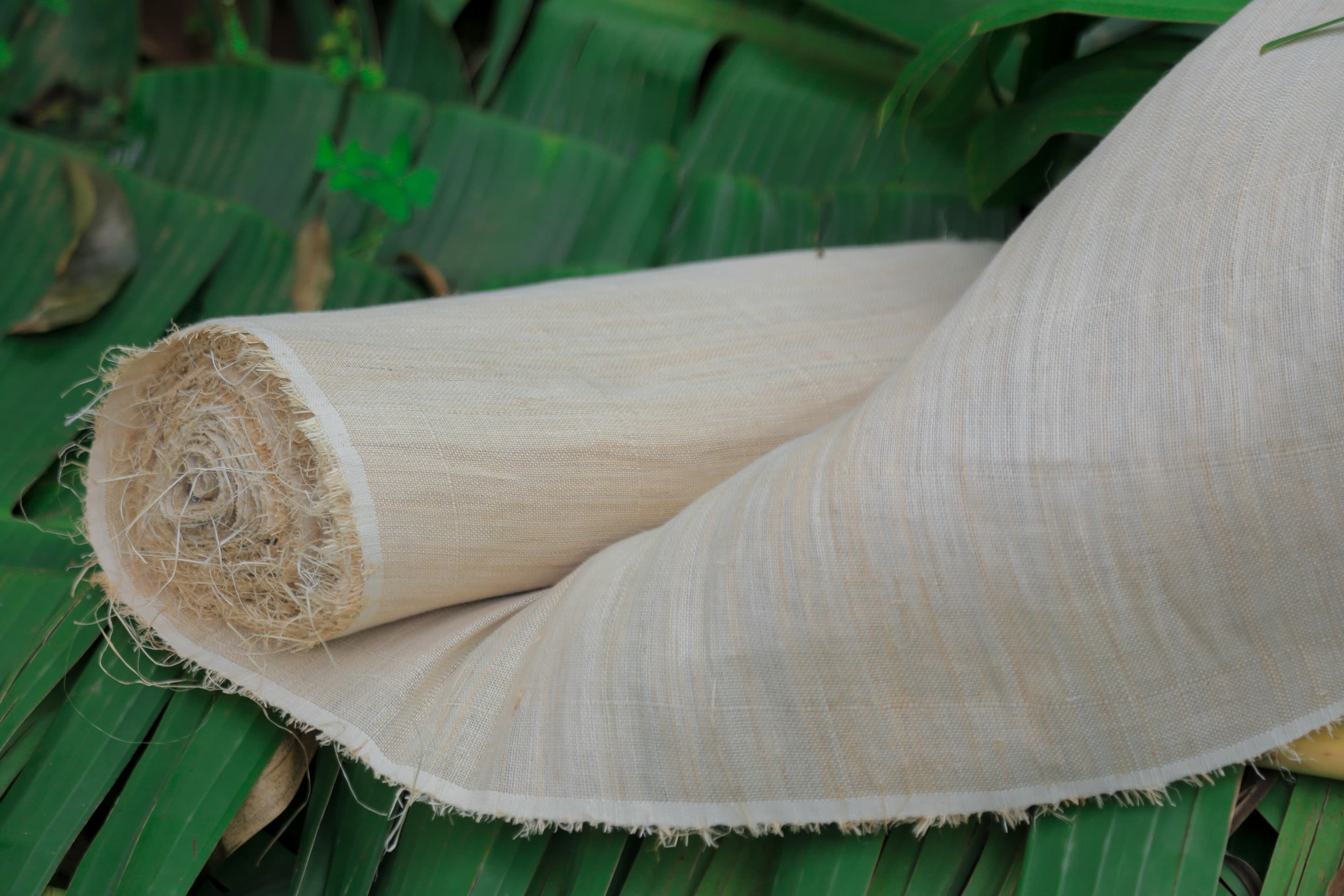 A roll of fibrous, cream-colored fabric against a background of banana leaves.