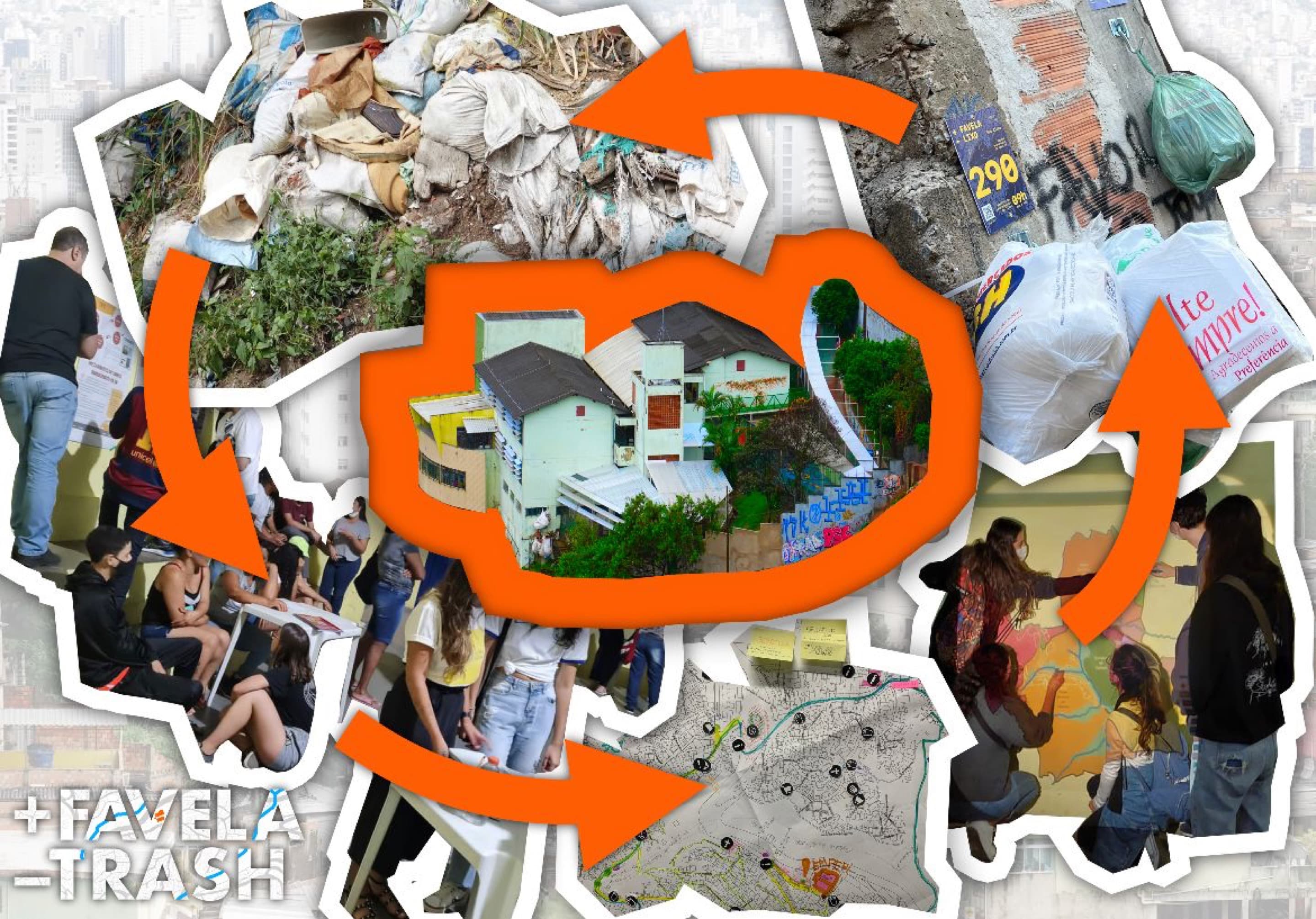 More Favela, Less Trash graphic. A collage of the various initiatives Pedro Arlès is leading in Aglomerado da Serra, overlaid with a cycle of four orange arrows.
