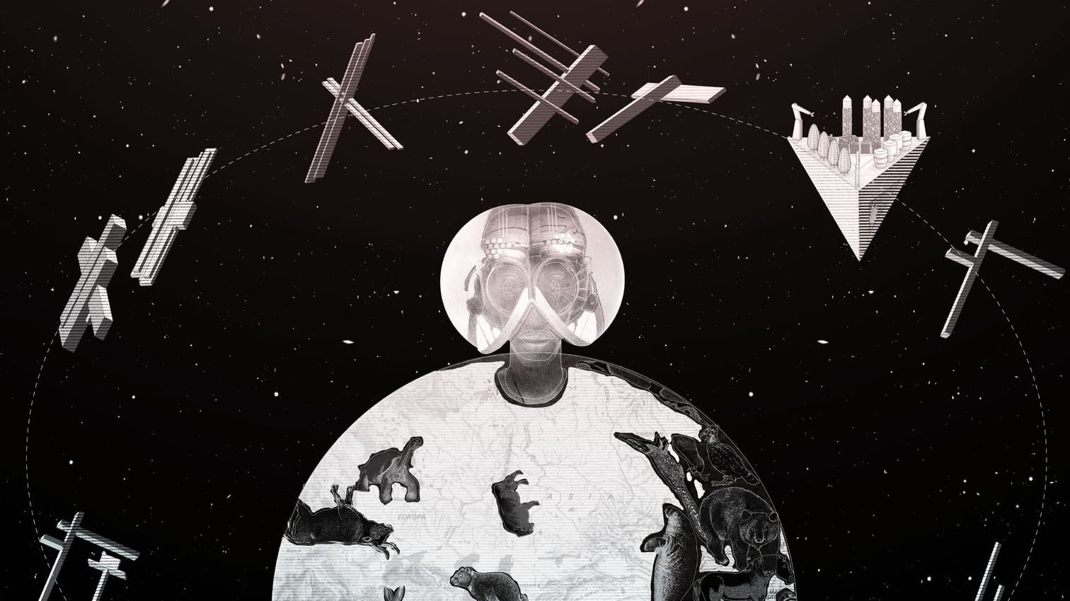 Illustration of planet Earth with a human head wearing a space-age helmet emerging from the top and satellite-like forms in orbit around it.